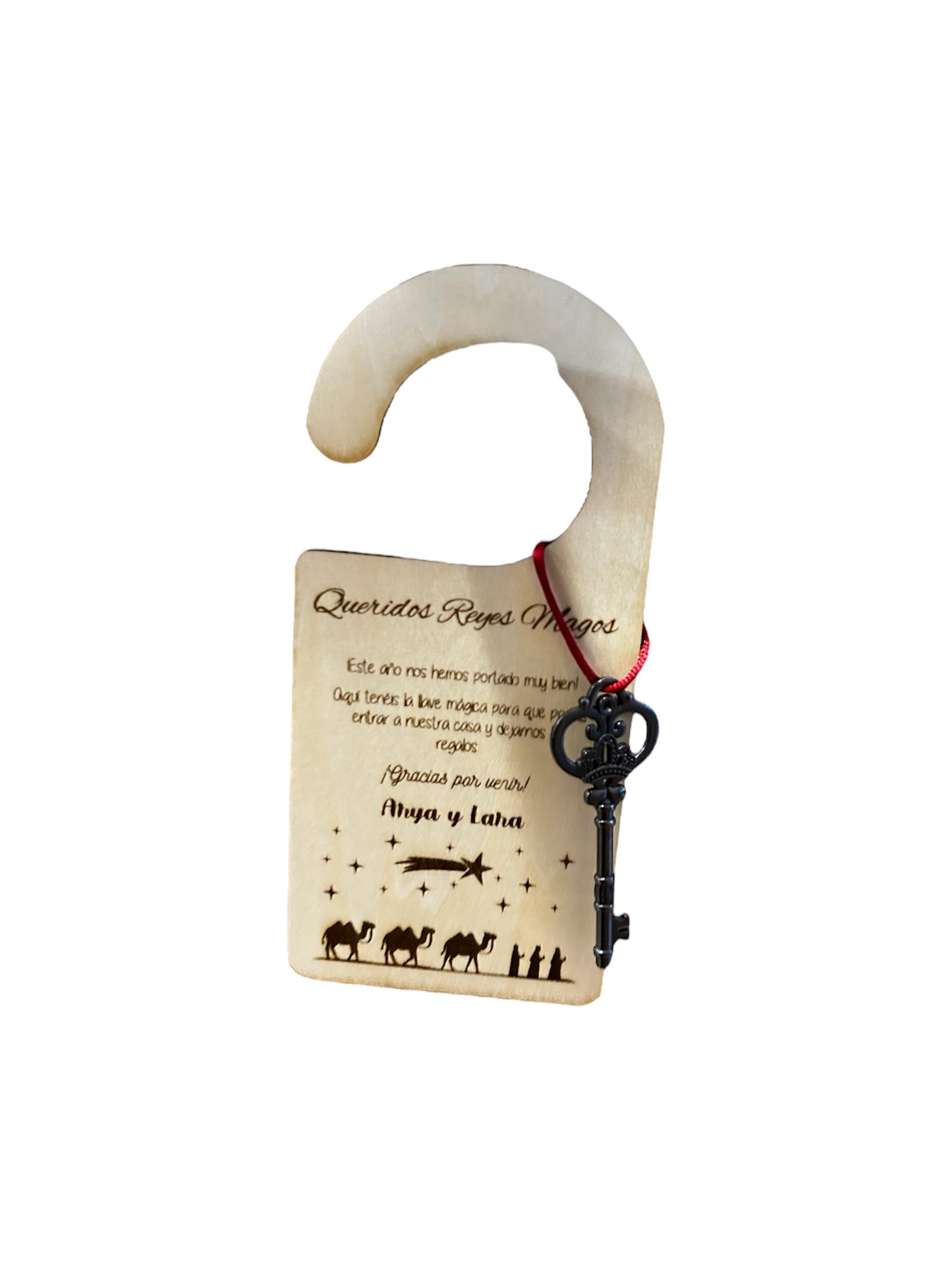 Llave mágica de Papá Noel / Reyes Magos con cuelga puertas de madera