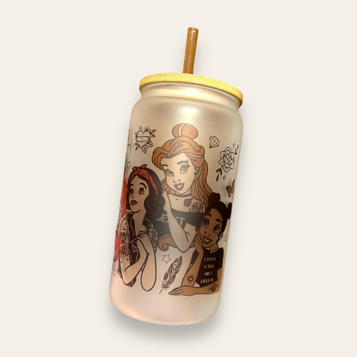 Vaso cristal con tapa bambú “Princesas tattoo”