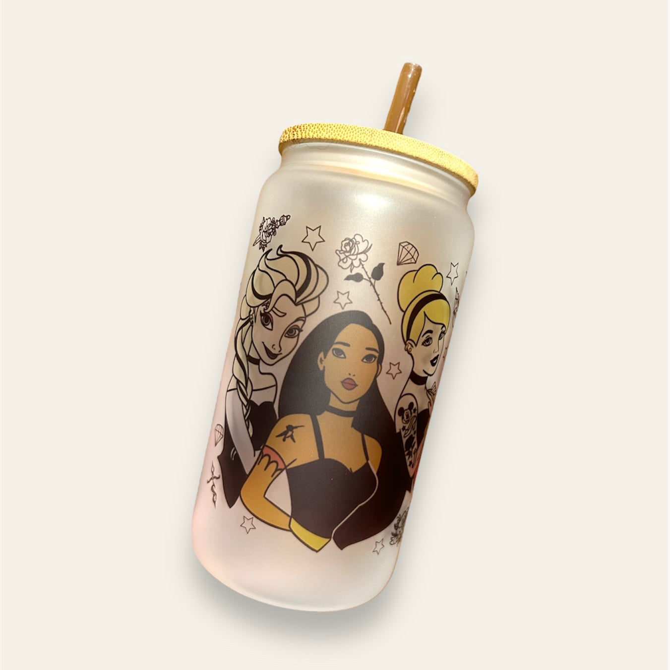 Vaso cristal con tapa bambú “Princesas tattoo”