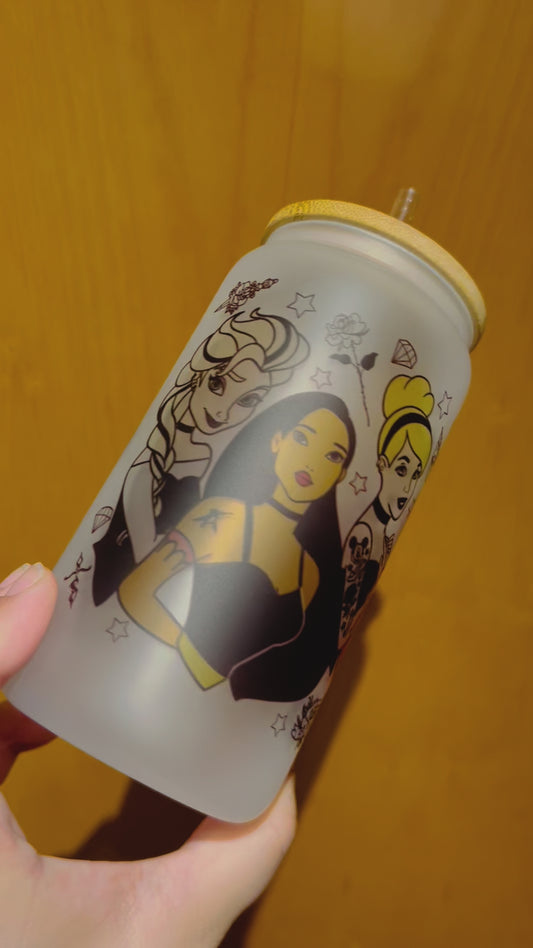 Vaso cristal con tapa bambú “Princesas tattoo”