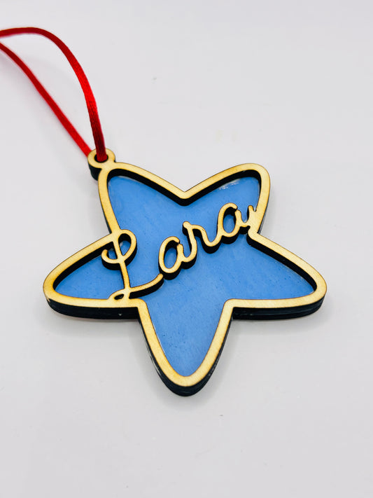 Bola Navidad madera estrella con nombre (con fondo)